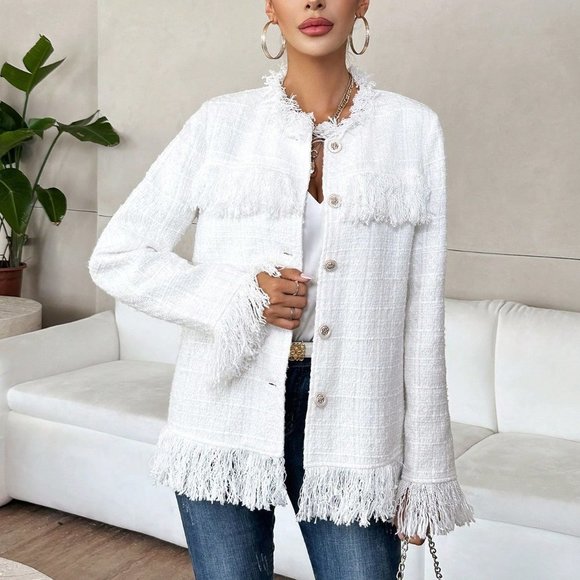 White Casual Womens Raw Trimmed Flap Detail Tweed Overcoat - Picture 5 of 6